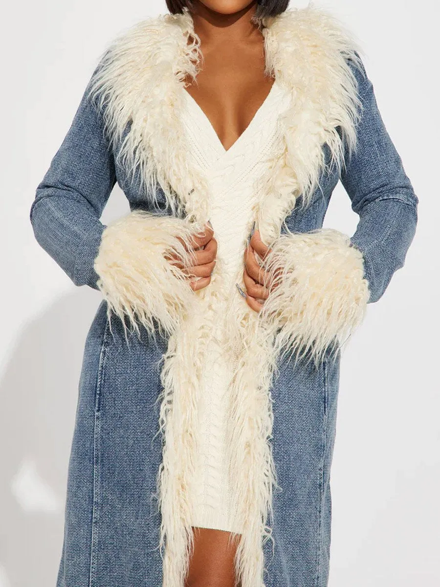 ⏰ Last Day Promotion $8 Off-Faux Fur Trim Long Sleeve Denim Coat