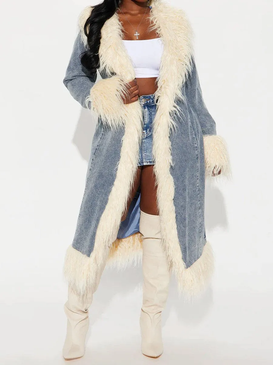 ⏰ Last Day Promotion $8 Off-Faux Fur Trim Long Sleeve Denim Coat