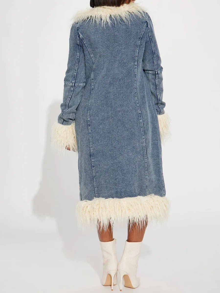 ⏰ Last Day Promotion $8 Off-Faux Fur Trim Long Sleeve Denim Coat
