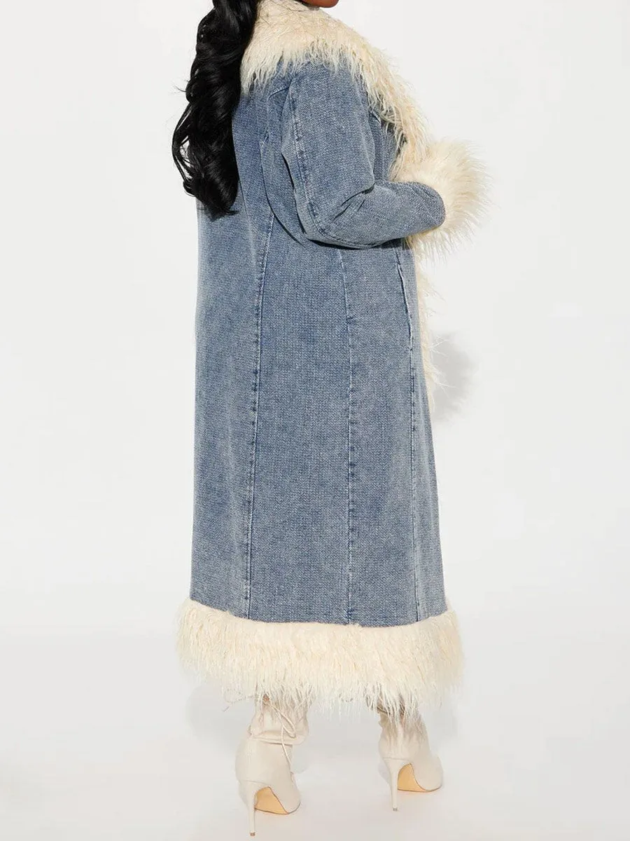 ⏰ Last Day Promotion $8 Off-Faux Fur Trim Long Sleeve Denim Coat