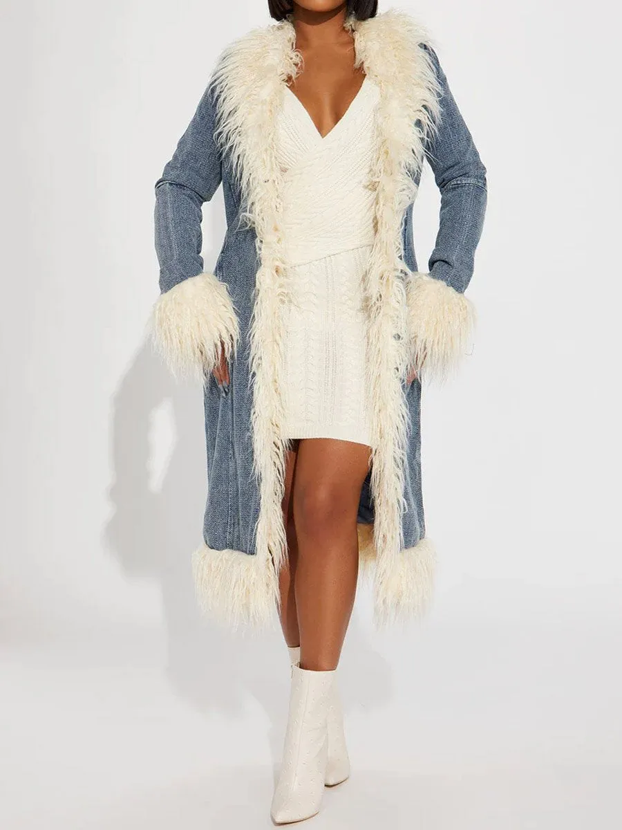 ⏰ Last Day Promotion $8 Off-Faux Fur Trim Long Sleeve Denim Coat
