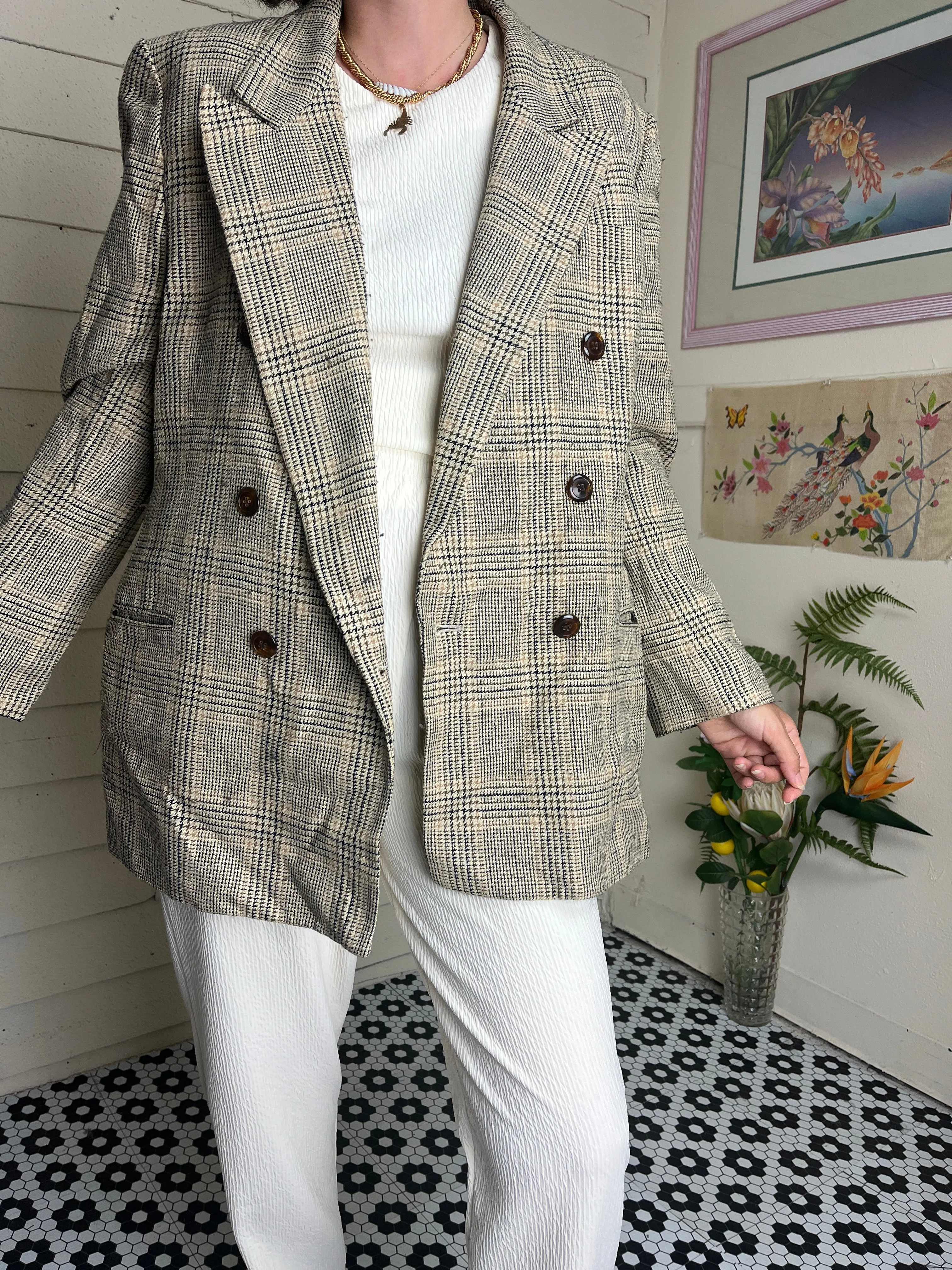 80s JONES NEW YORK COUNTRY TAN PLAID BLAZER