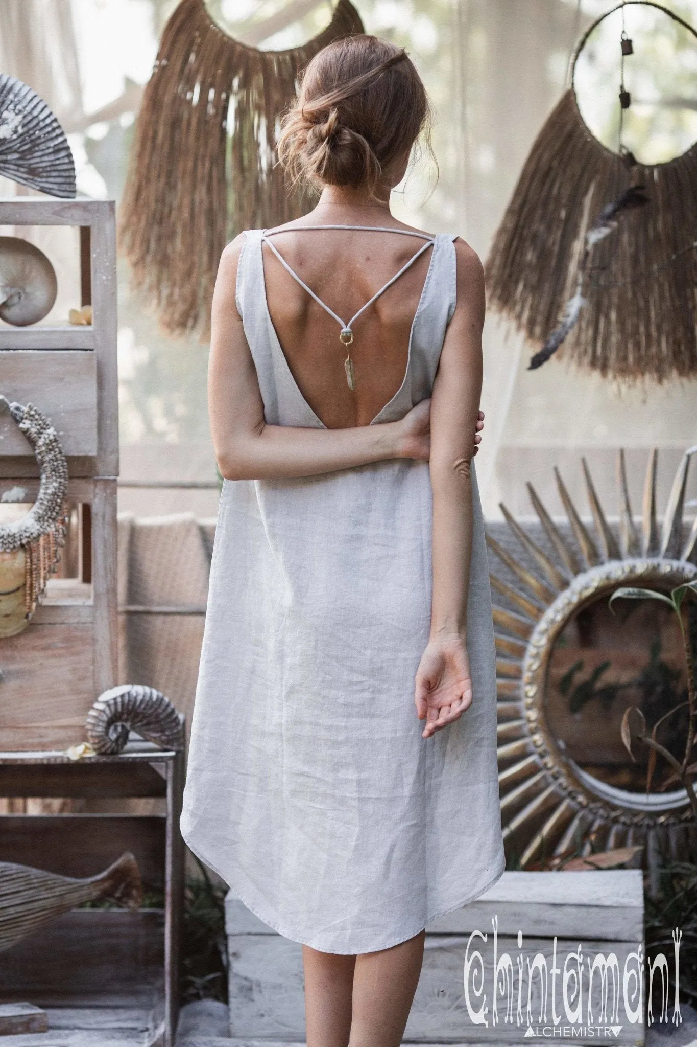 Backless Linen Tunic Dress for Women / Grey