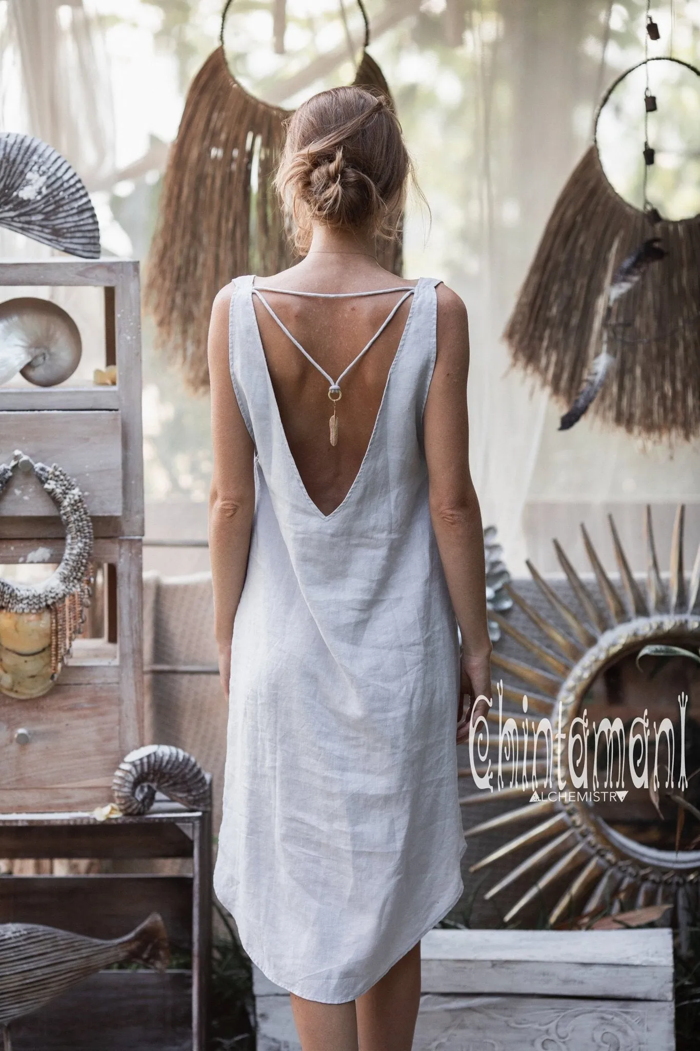 Backless Linen Tunic Dress for Women / Grey
