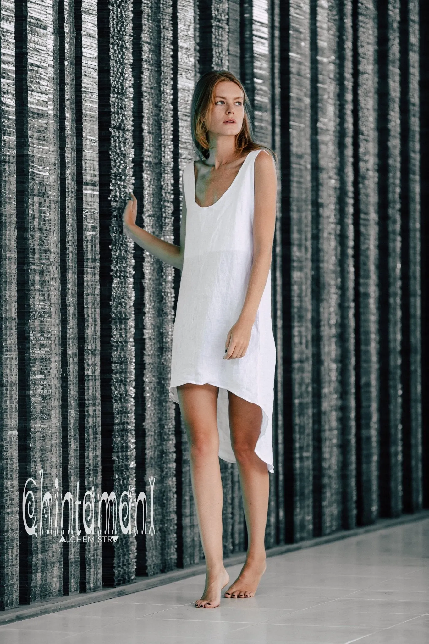 Backless Linen Tunic Dress for Women / White