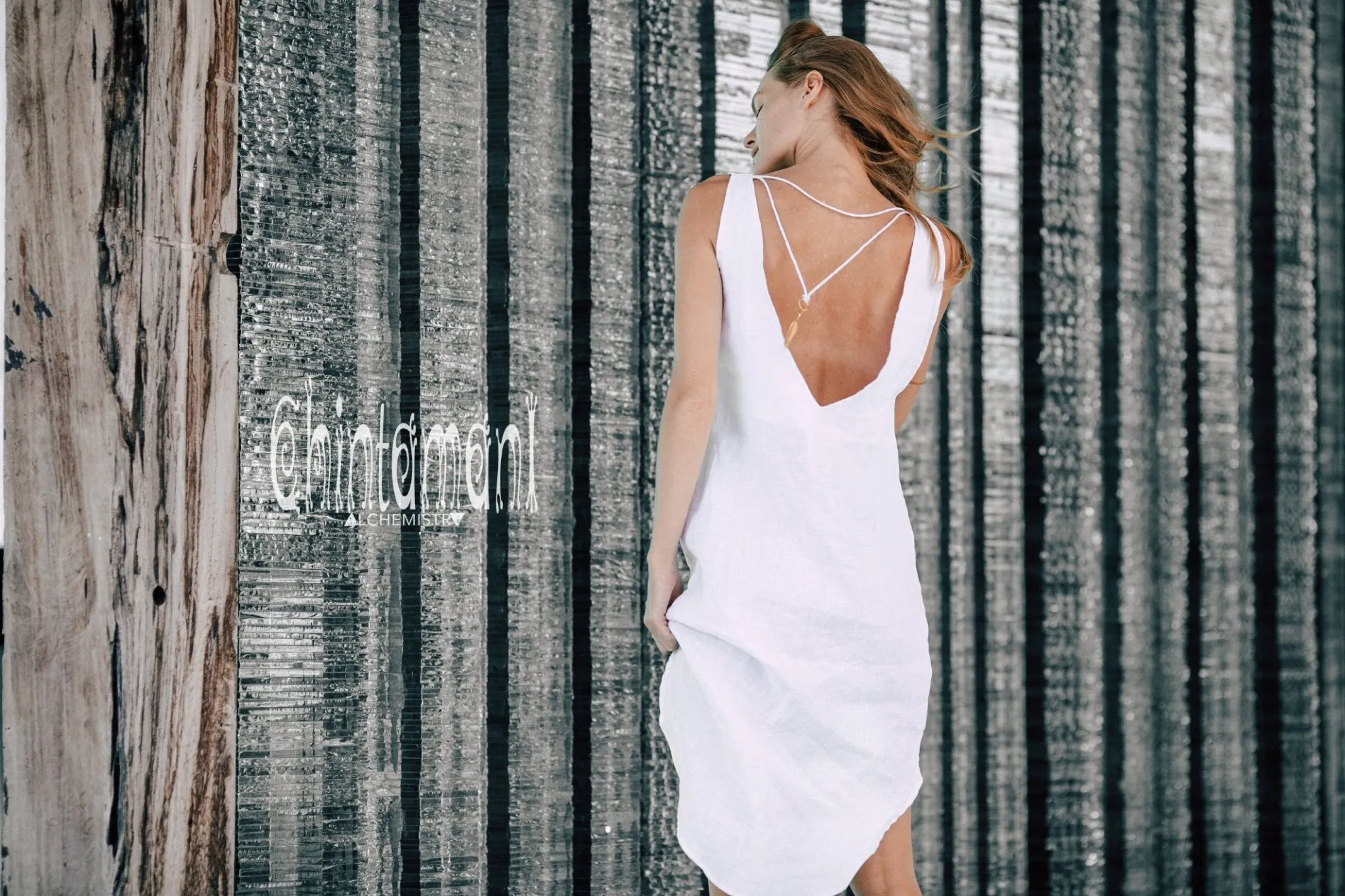 Backless Linen Tunic Dress for Women / White