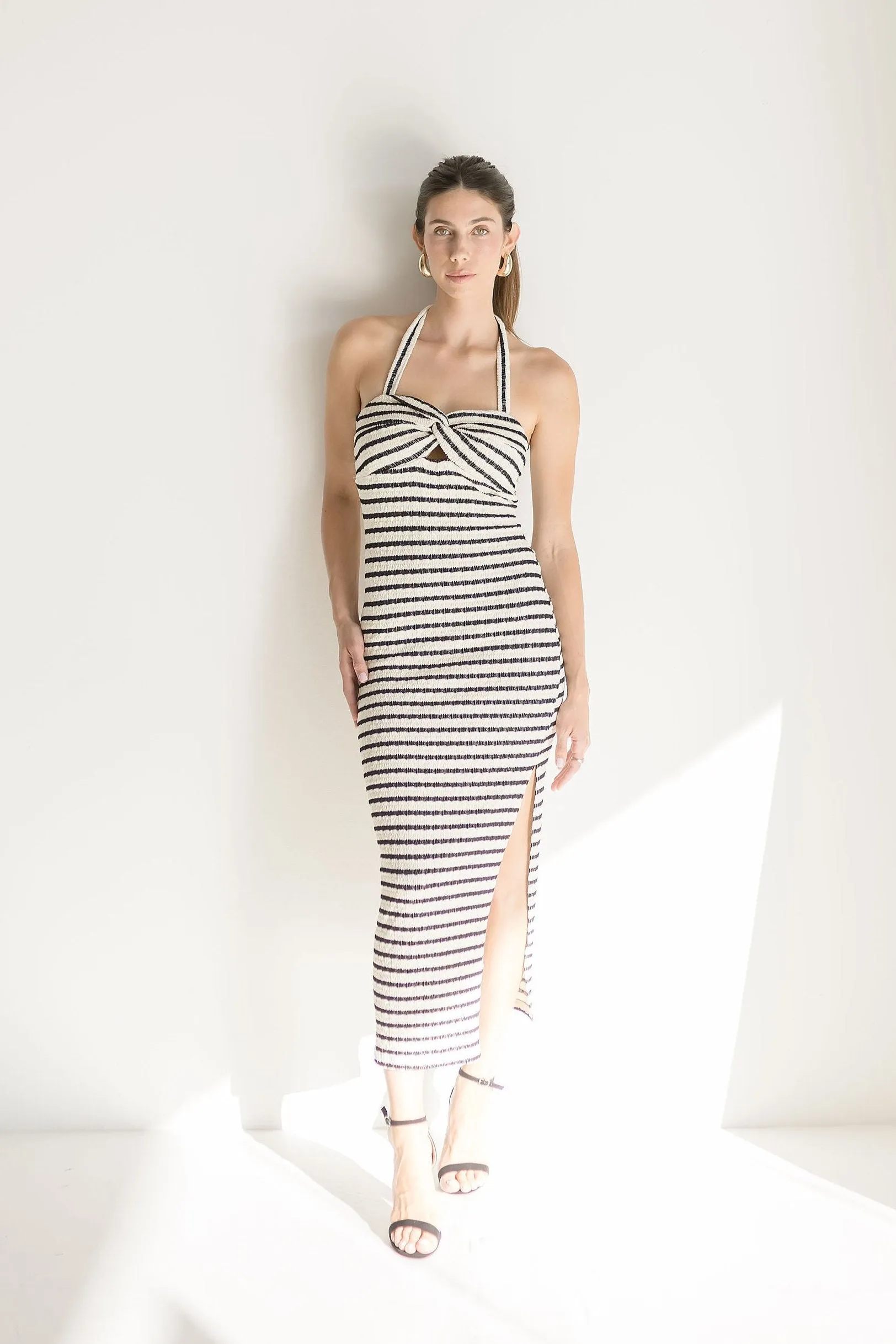 Brooke Sleeveless Halter Tie Stripe Print Knit Maxi Dress Black