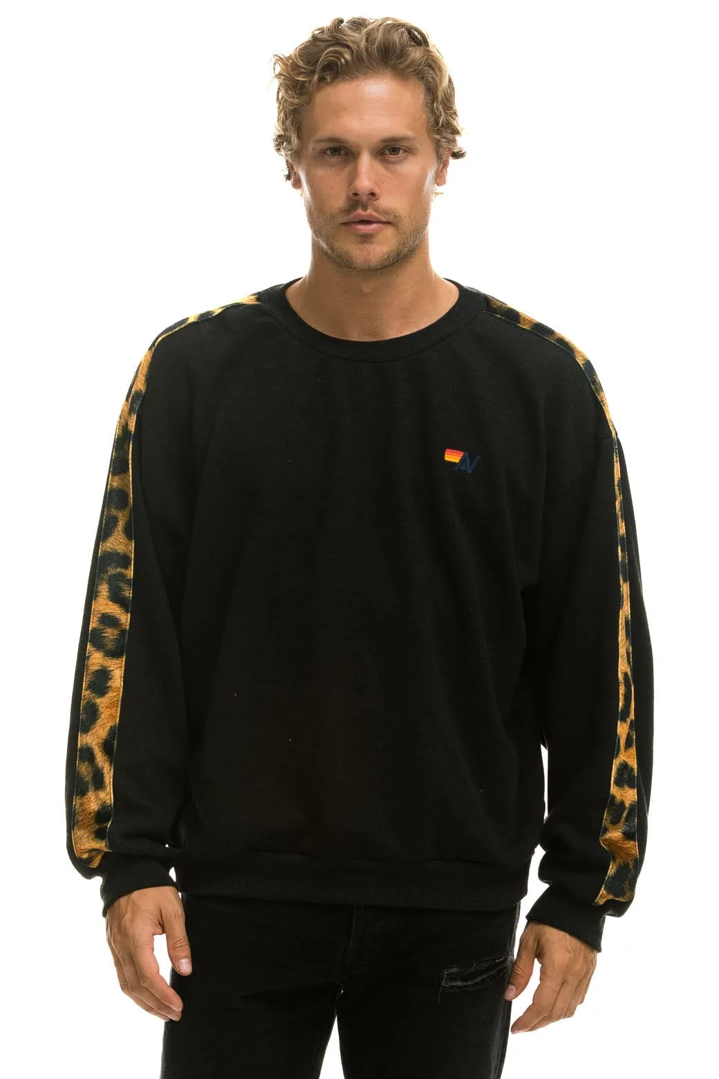CHEETAH STRIPE RELAXED FIT CREW SWEATSHIRT - BLACK // CHEETAH