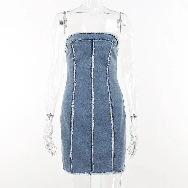 Denim Bodycon Solid Color Frayed Raw Strapless Mini Dress for Party Club