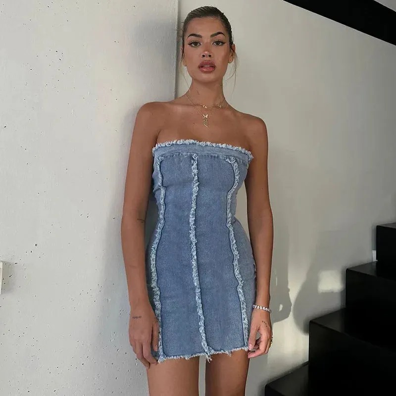 Denim Bodycon Solid Color Frayed Raw Strapless Mini Dress for Party Club