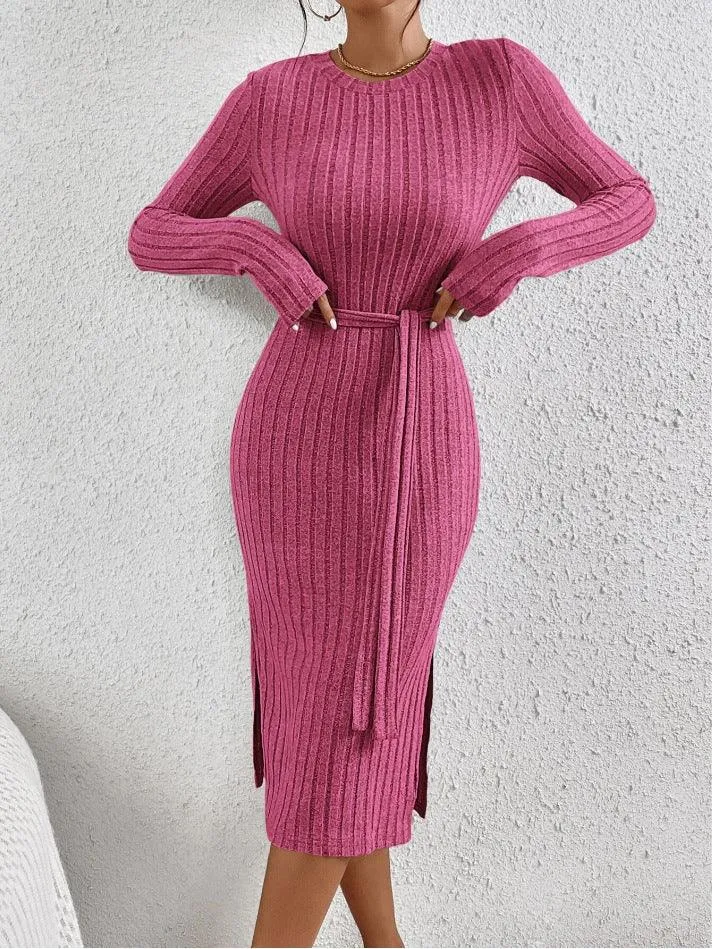 Ladies Ribbed Knit Belted Midi Dress G1026