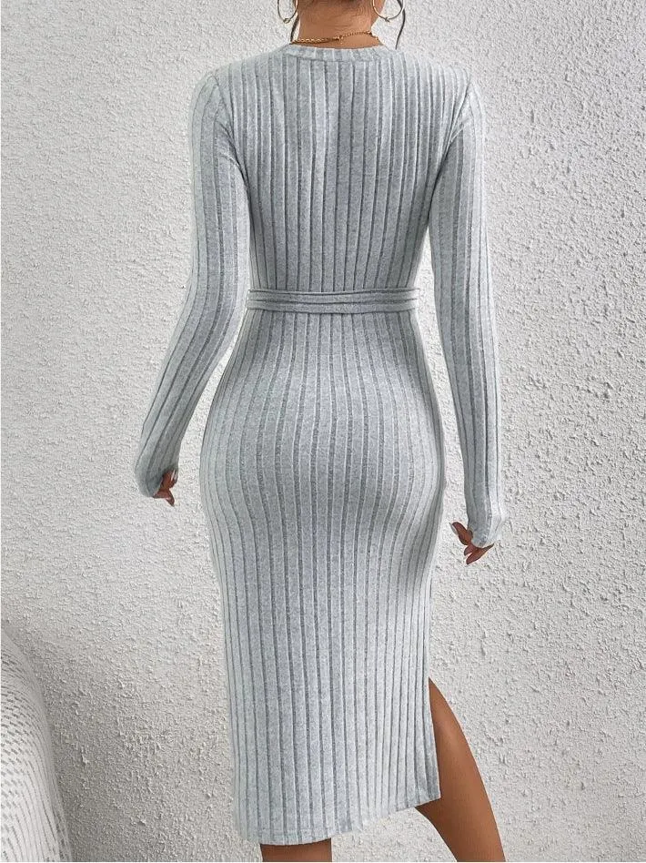 Ladies Ribbed Knit Belted Midi Dress G1026