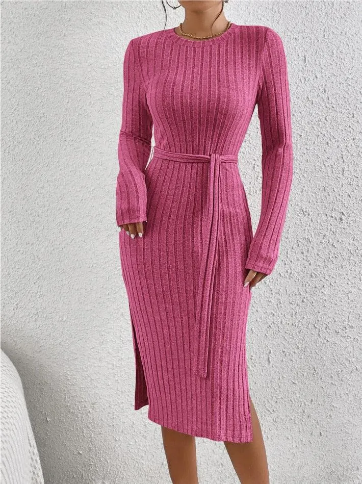 Ladies Ribbed Knit Belted Midi Dress G1026