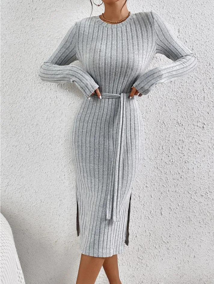 Ladies Ribbed Knit Belted Midi Dress G1026
