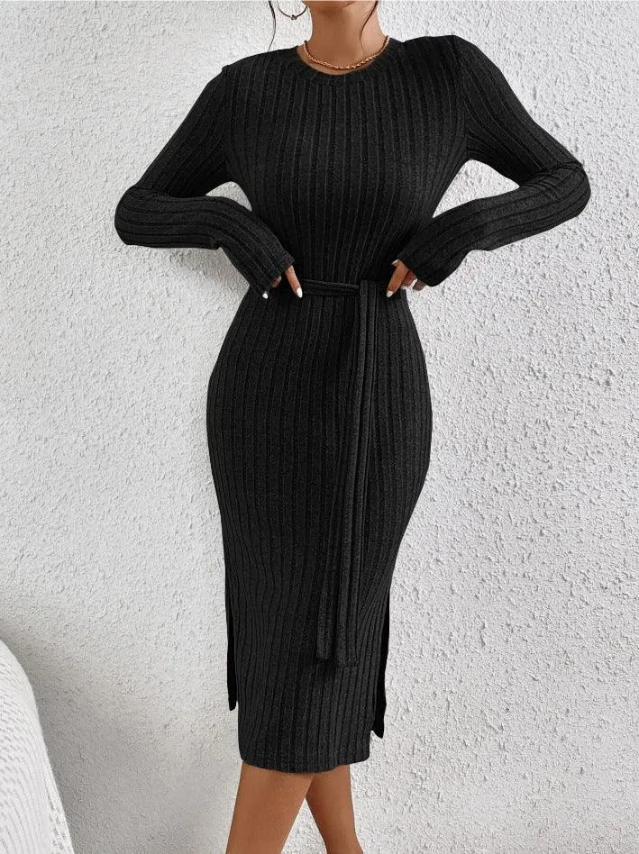 Ladies Ribbed Knit Belted Midi Dress G1026