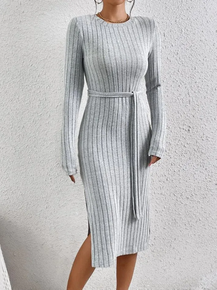 Ladies Ribbed Knit Belted Midi Dress G1026