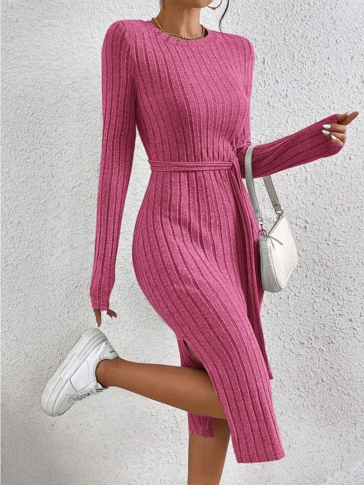 Ladies Ribbed Knit Belted Midi Dress G1026