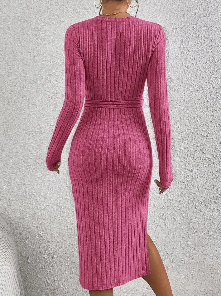 Ladies Ribbed Knit Belted Midi Dress G1026