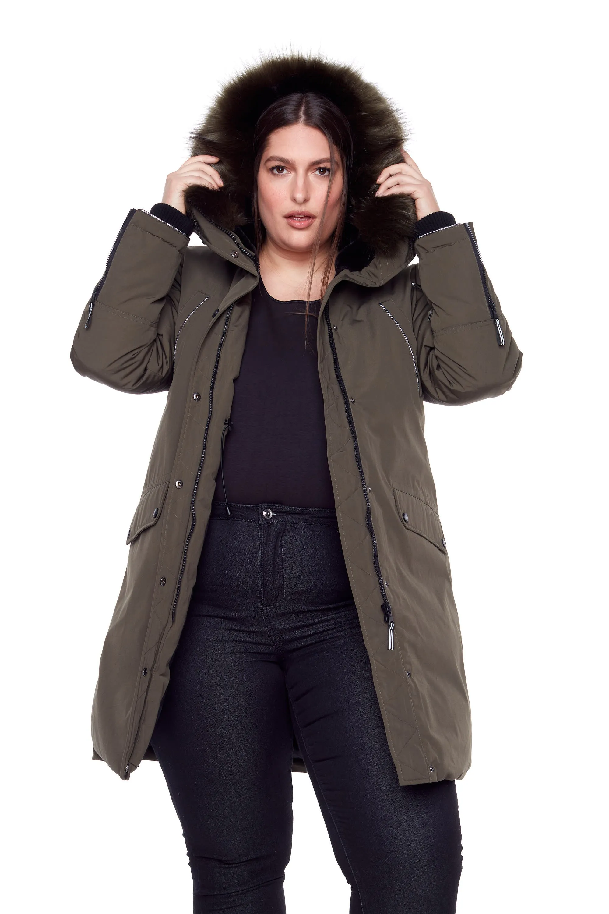 LAURENTIAN PLUS | WOMEN'S VEGAN DOWN (RECYCLED) LONG PARKA, OLIVE (PLUS SIZE)