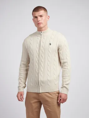 Mens Cable Knit Zip Funnel Neck in Birch Marl