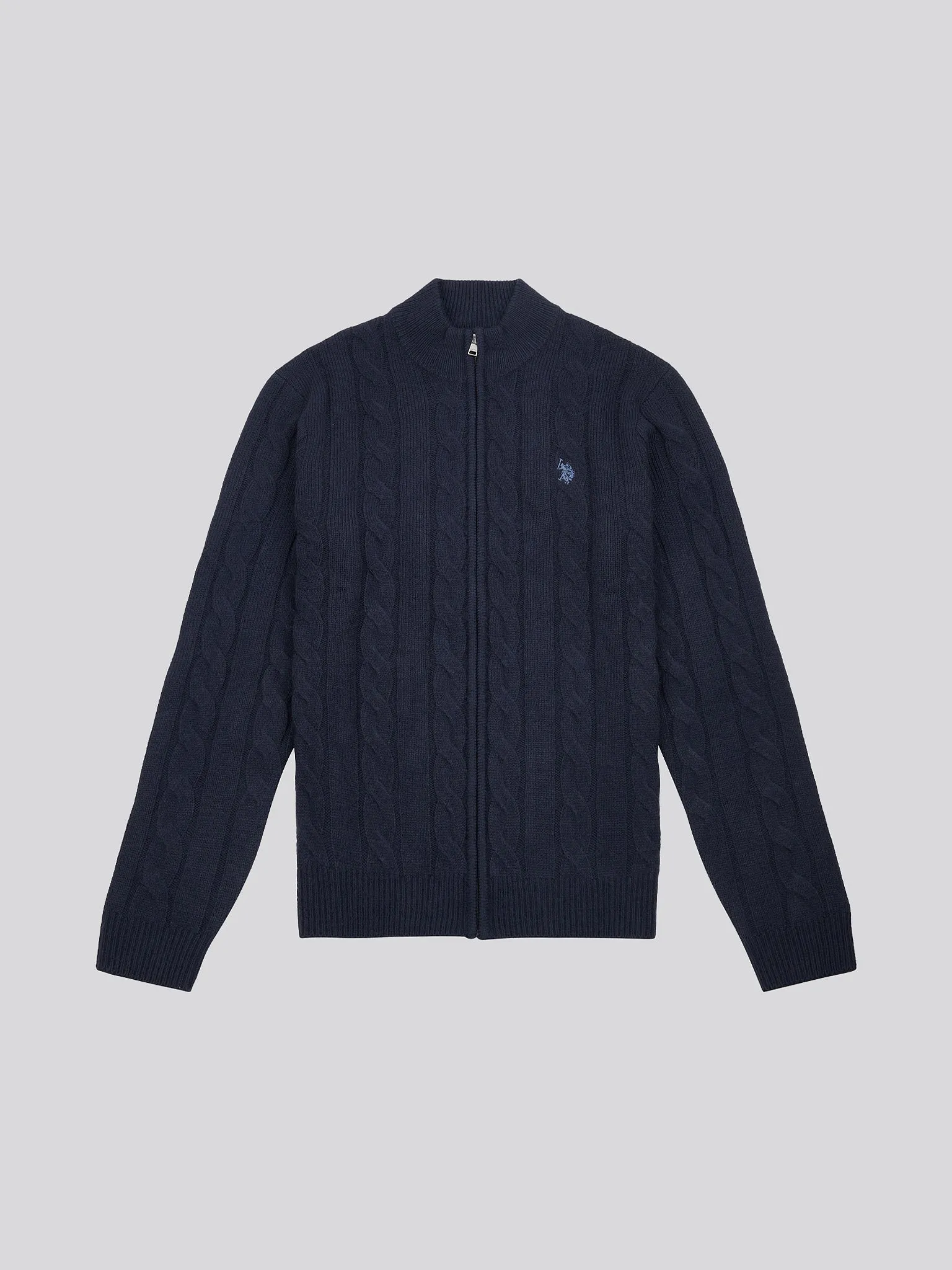 Mens Cable Knit Zip Funnel Neck in Dark Sapphire Navy / Moonlight Blue DHM