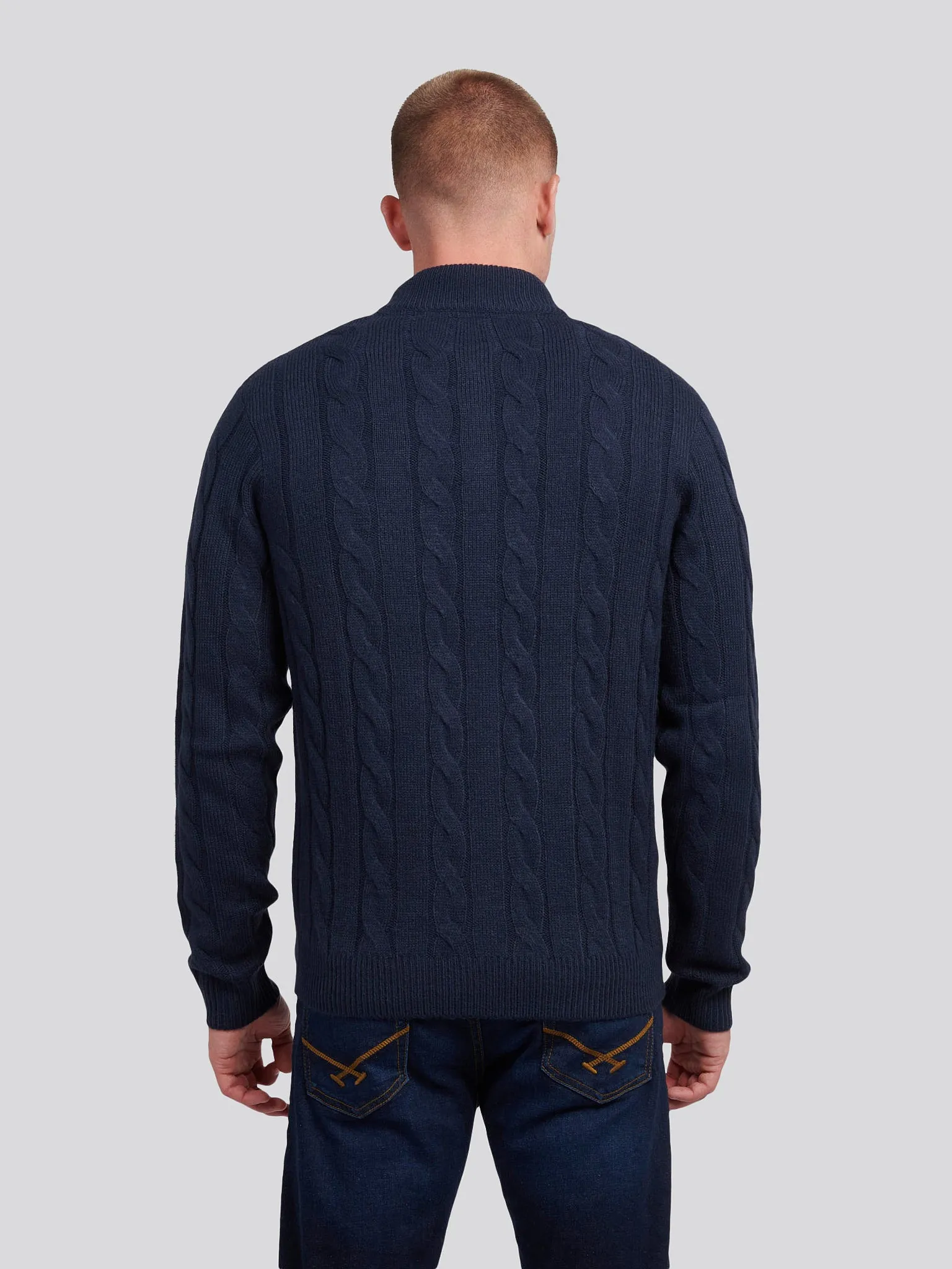 Mens Cable Knit Zip Funnel Neck in Dark Sapphire Navy / Moonlight Blue DHM
