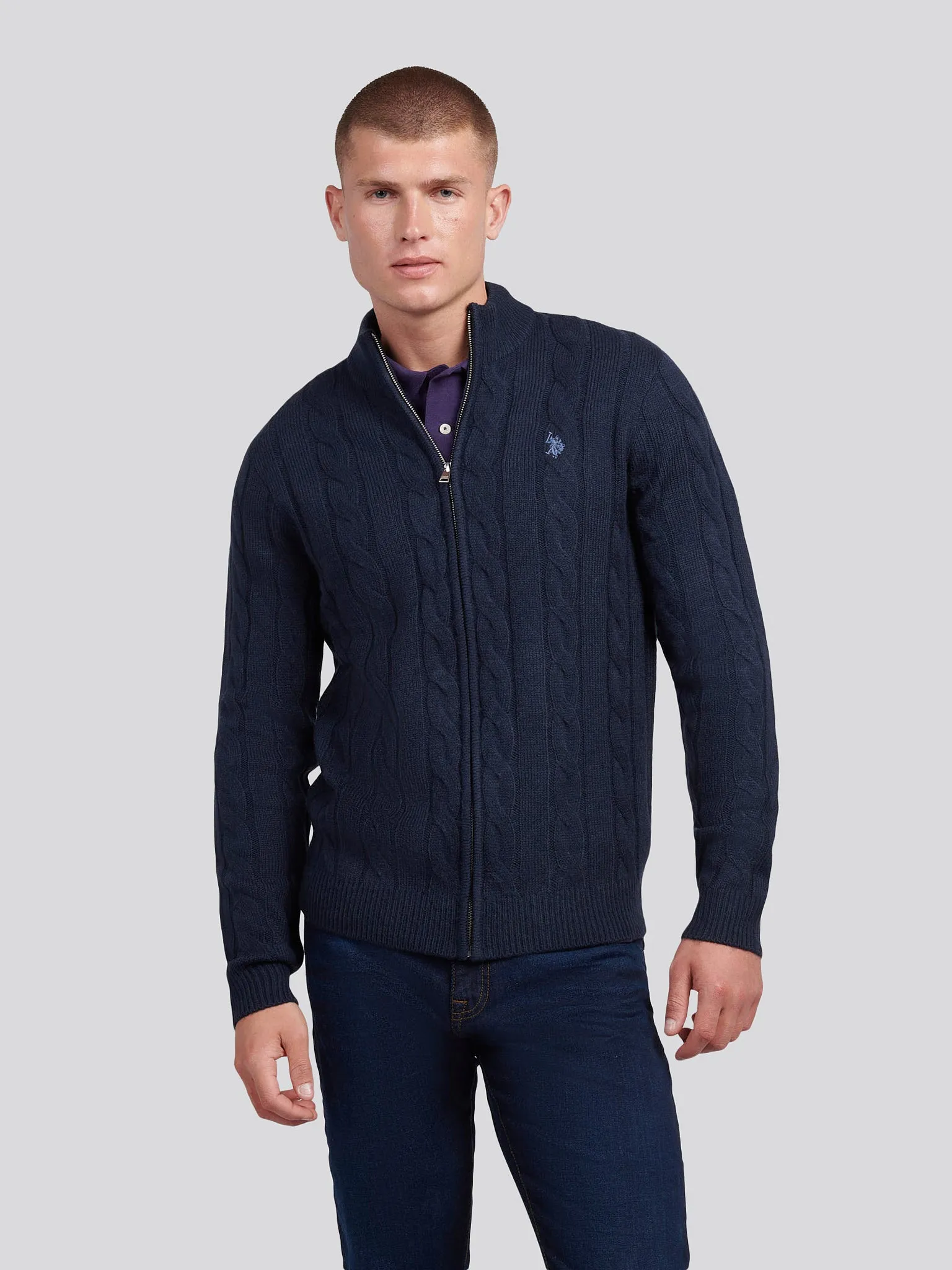 Mens Cable Knit Zip Funnel Neck in Dark Sapphire Navy / Moonlight Blue DHM