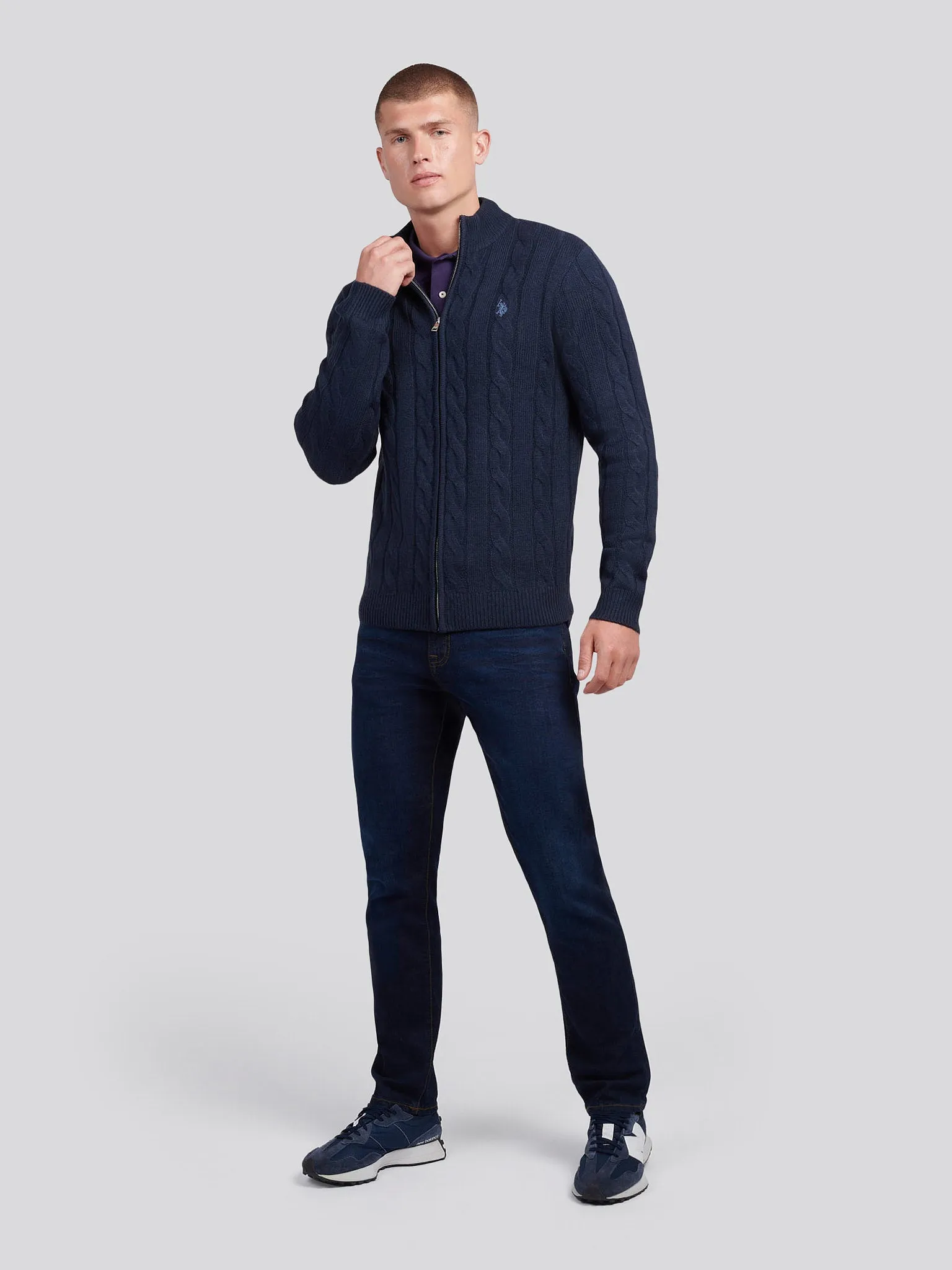 Mens Cable Knit Zip Funnel Neck in Dark Sapphire Navy / Moonlight Blue DHM