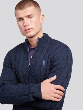 Mens Cable Knit Zip Funnel Neck in Dark Sapphire Navy / Moonlight Blue DHM