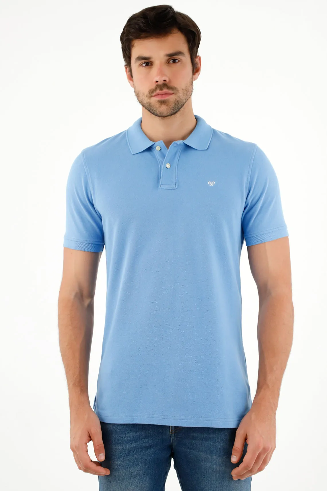 Polo azul con raqueta multicolor para hombre