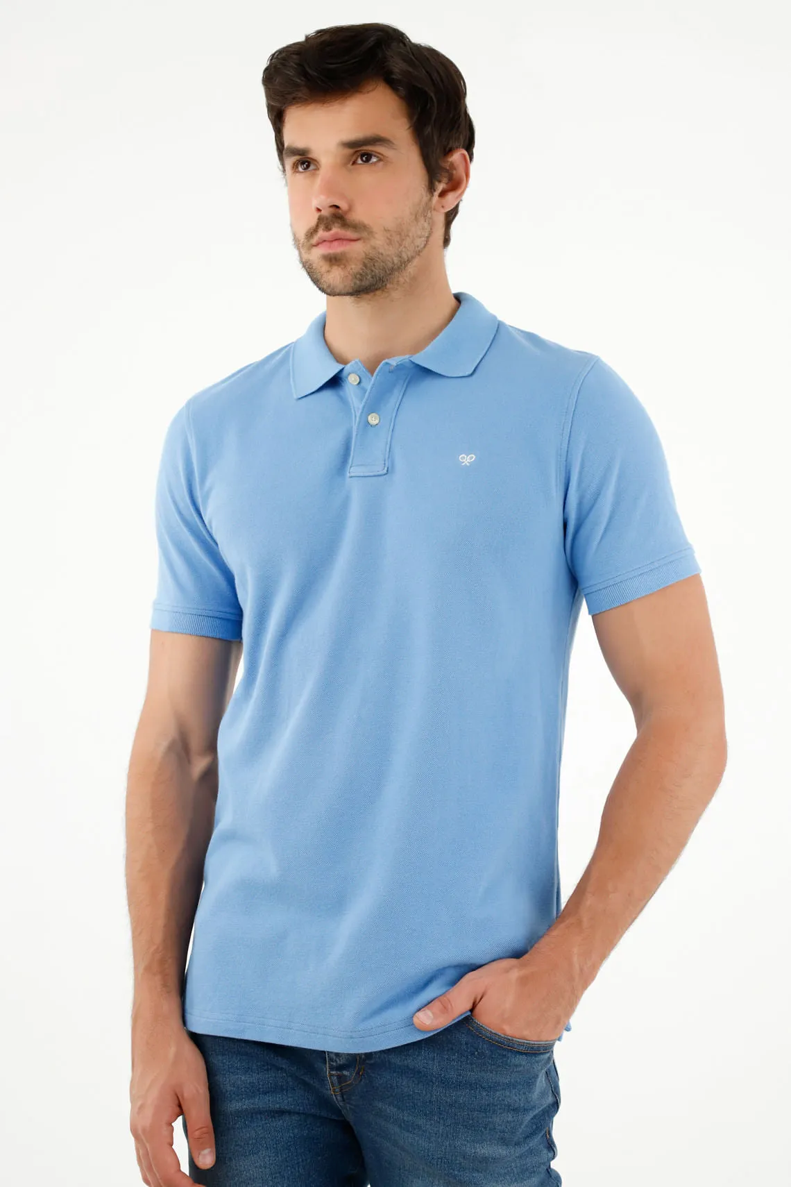 Polo azul con raqueta multicolor para hombre