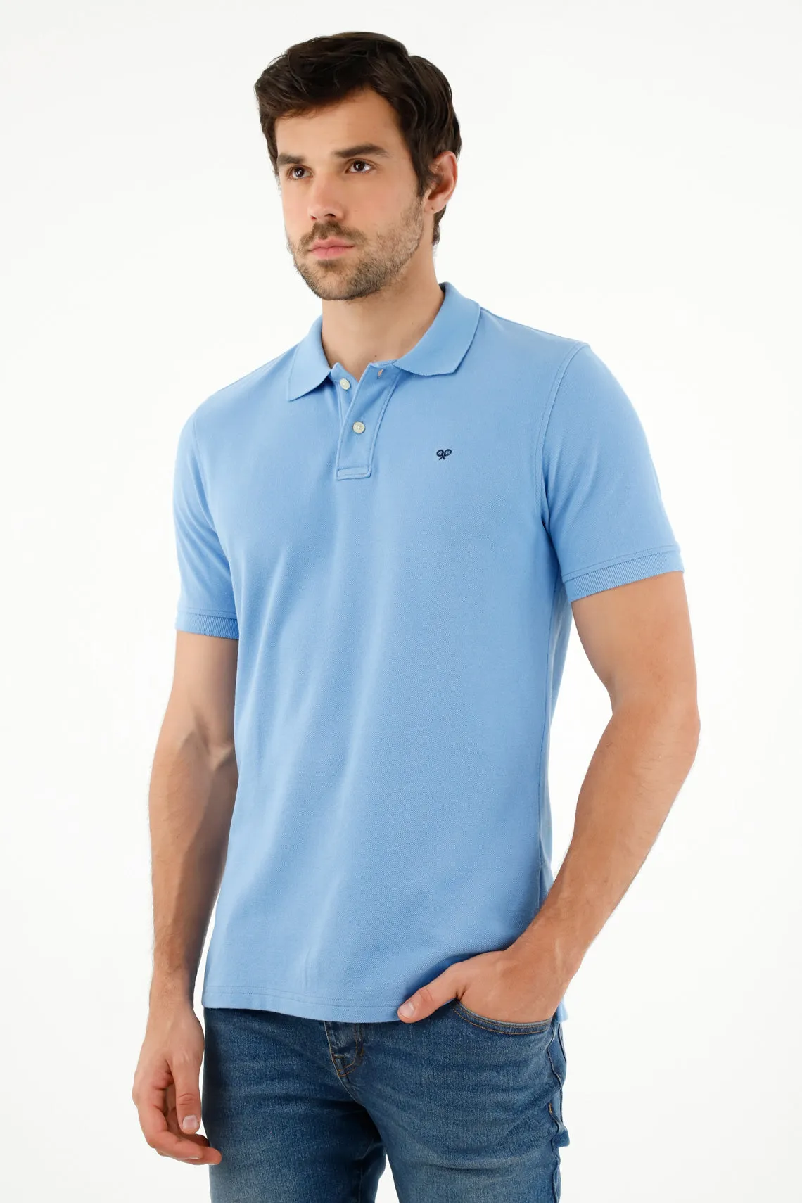 Polo azul con raqueta multicolor para hombre