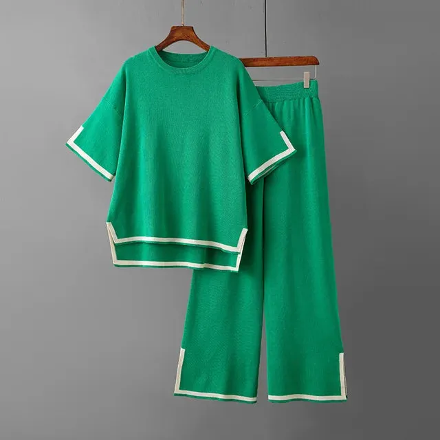 Pre Order:  Round Neck Short Sleeve Loose Top   High Waist Pants
