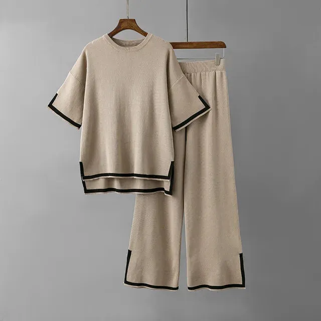 Pre Order:  Round Neck Short Sleeve Loose Top   High Waist Pants