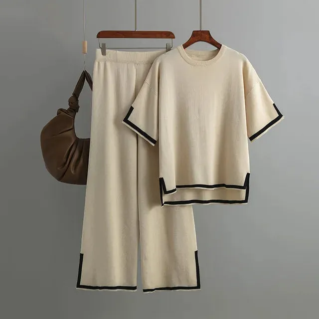 Pre Order:  Round Neck Short Sleeve Loose Top   High Waist Pants