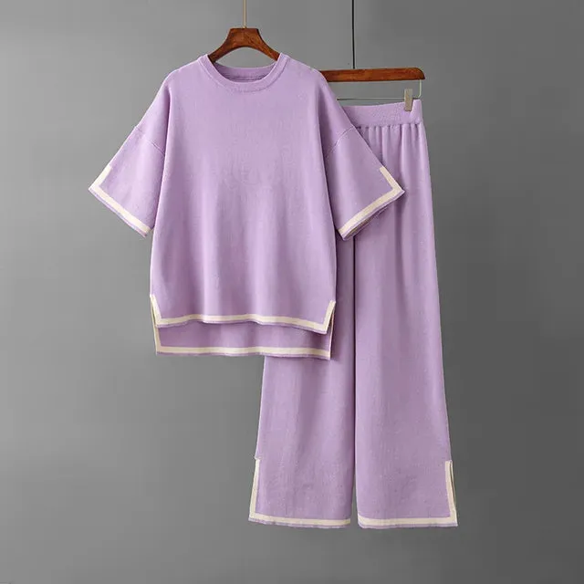 Pre Order:  Round Neck Short Sleeve Loose Top   High Waist Pants