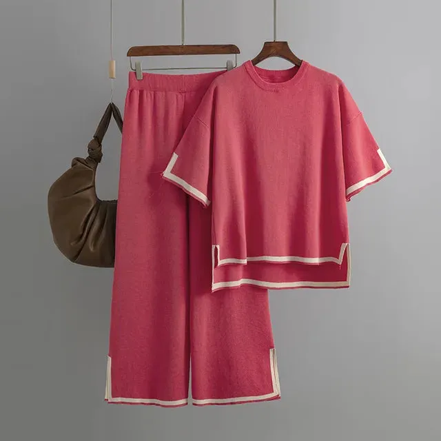 Pre Order:  Round Neck Short Sleeve Loose Top   High Waist Pants