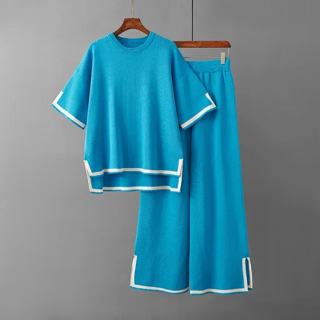 Pre Order:  Round Neck Short Sleeve Loose Top   High Waist Pants