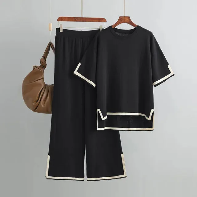 Pre Order:  Round Neck Short Sleeve Loose Top   High Waist Pants