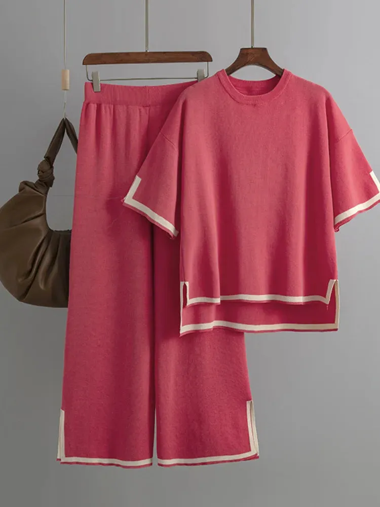 Pre Order:  Round Neck Short Sleeve Loose Top   High Waist Pants