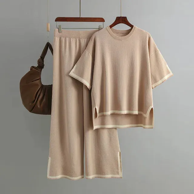 Pre Order:  Round Neck Short Sleeve Loose Top   High Waist Pants