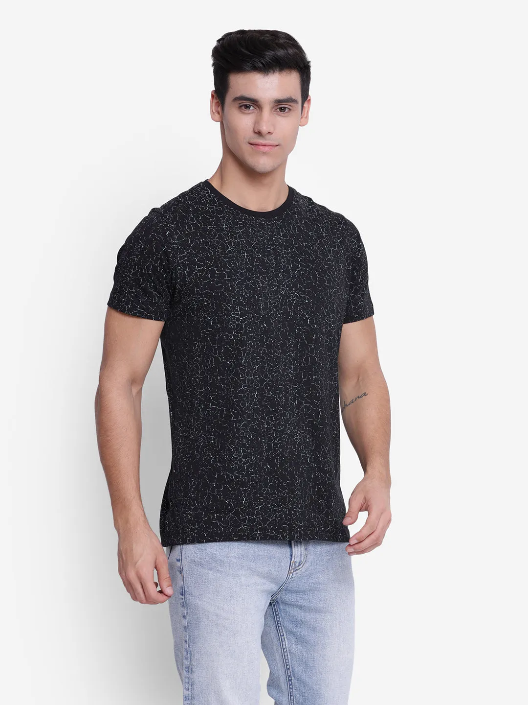 Printed Black Crew Neck Men T-Shirt for Men