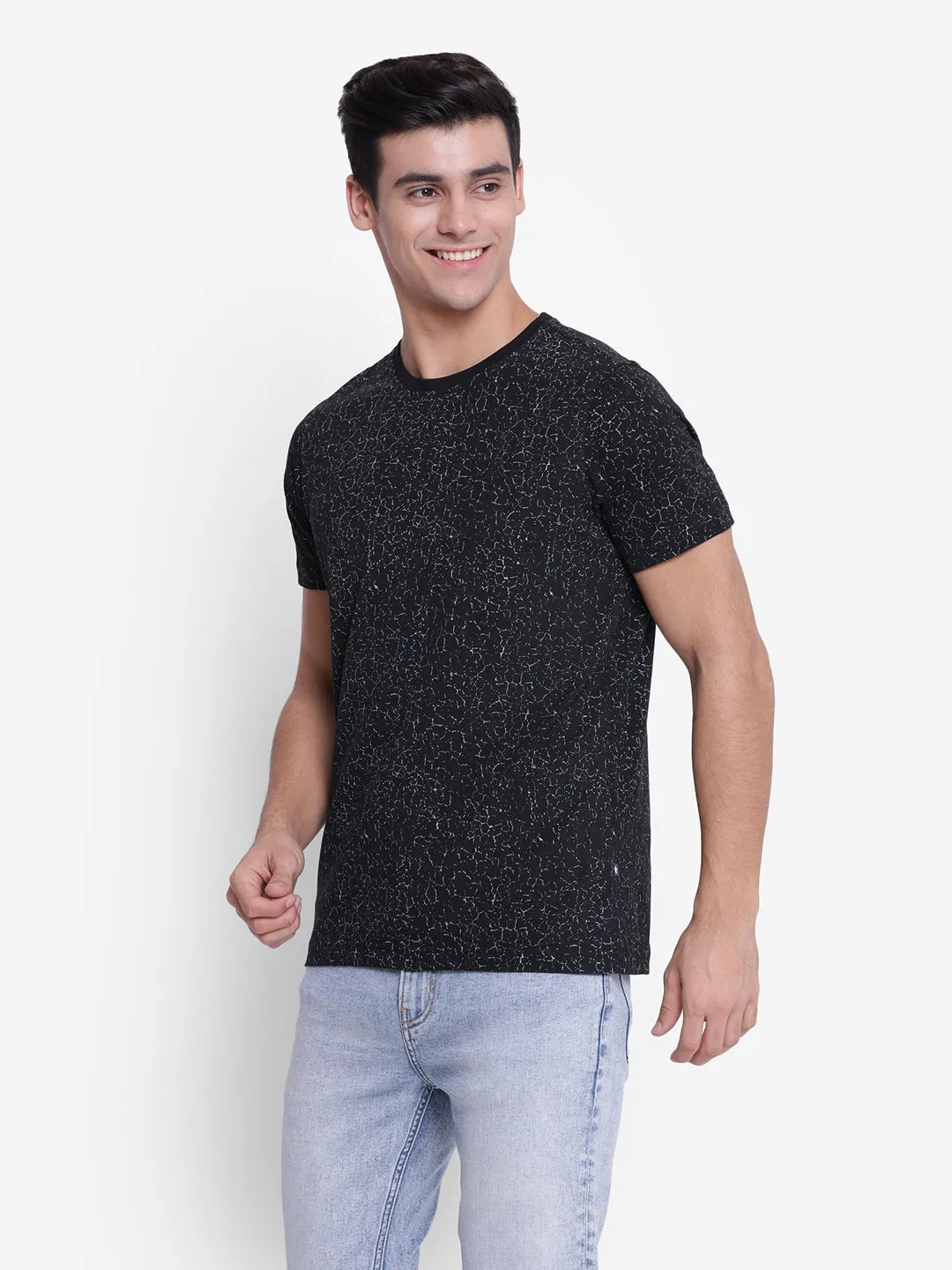 Printed Black Crew Neck Men T-Shirt for Men