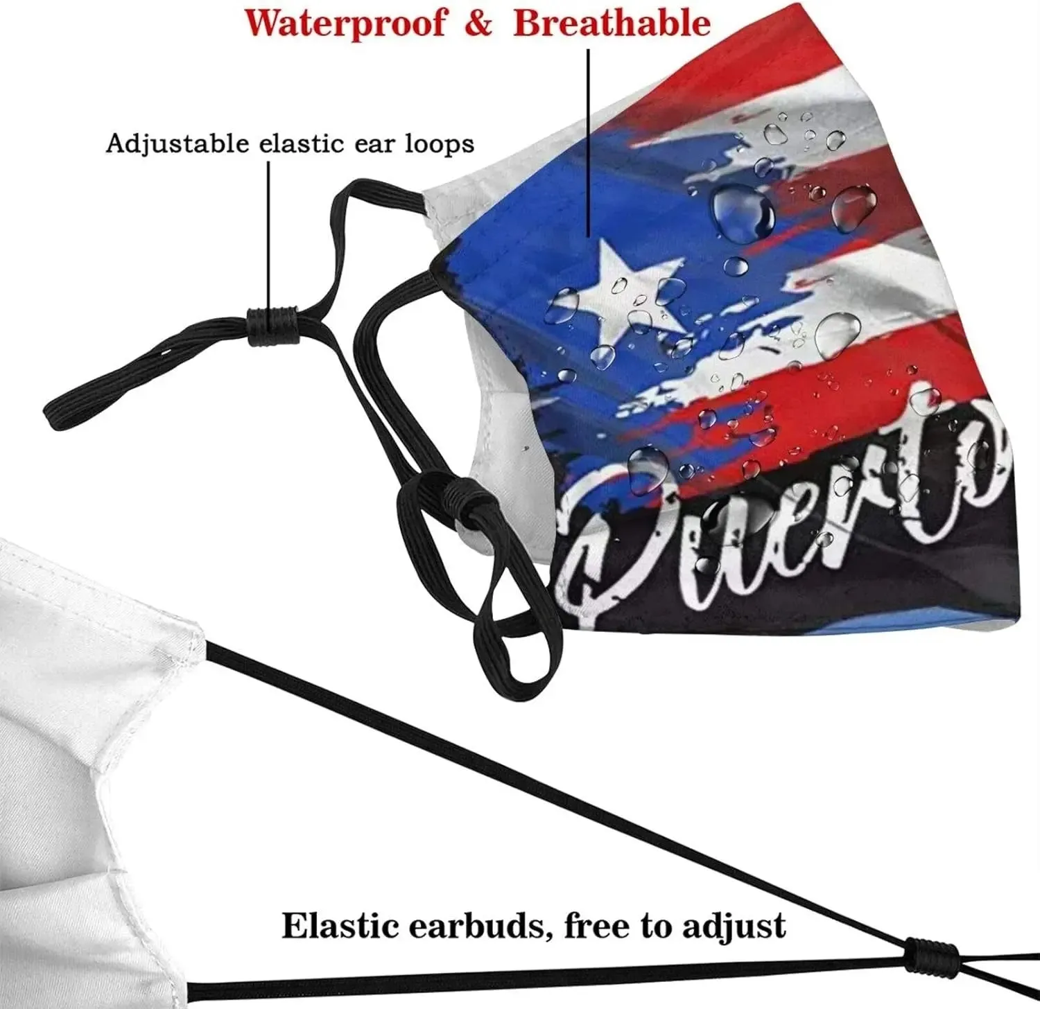 Puerto Rico Flag Print Washable Cloth Scarf Face Mask Bandana Balaclava Breathable Reusable with 2 Filter for Adult Women Men & Teenager Outdoor Festival