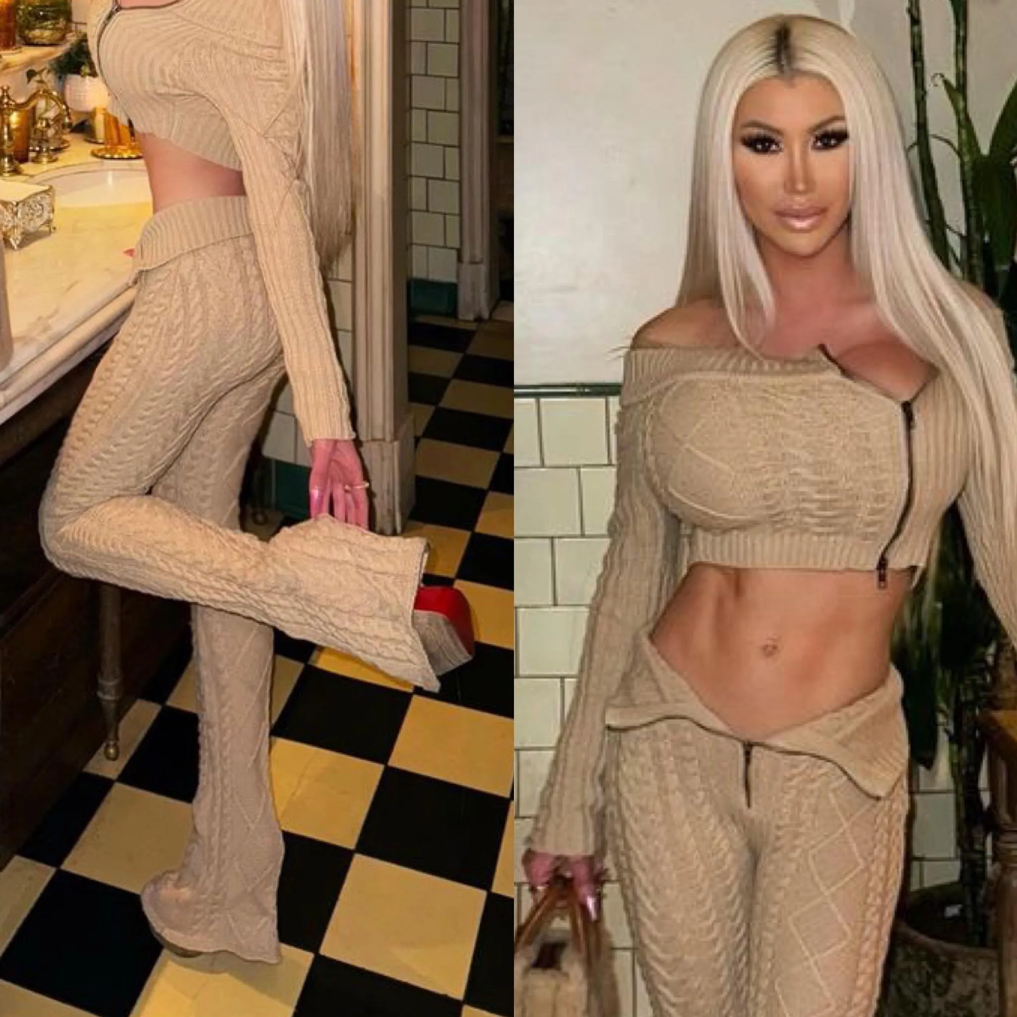 "LIMITED" Connie's "RICH WARM Cable Knit Sweater Set" Side ZIP Crop Top and Fold Over Front Zip Leggings