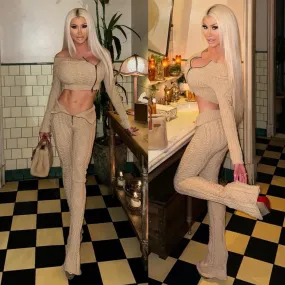 "LIMITED" Connie's "RICH WARM Cable Knit Sweater Set" Side ZIP Crop Top and Fold Over Front Zip Leggings