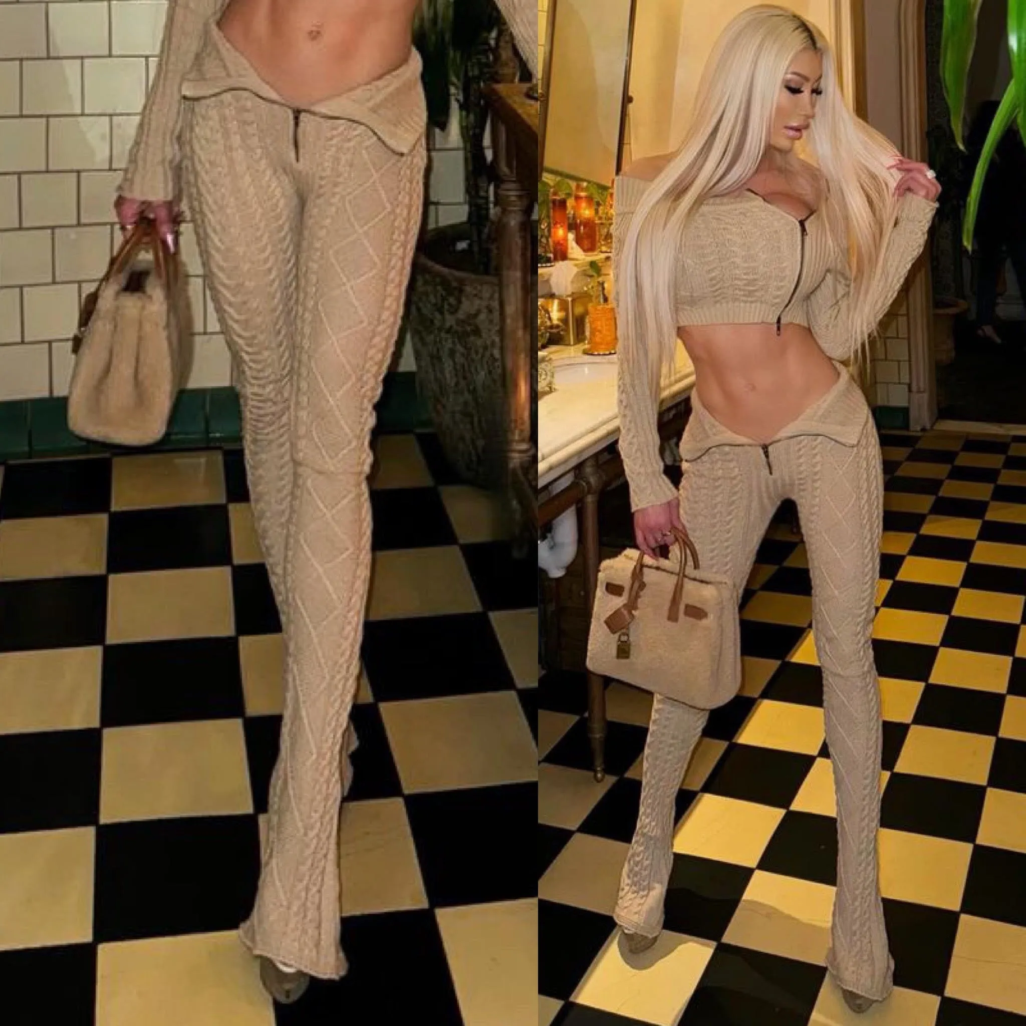 "LIMITED" Connie's "RICH WARM Cable Knit Sweater Set" Side ZIP Crop Top and Fold Over Front Zip Leggings