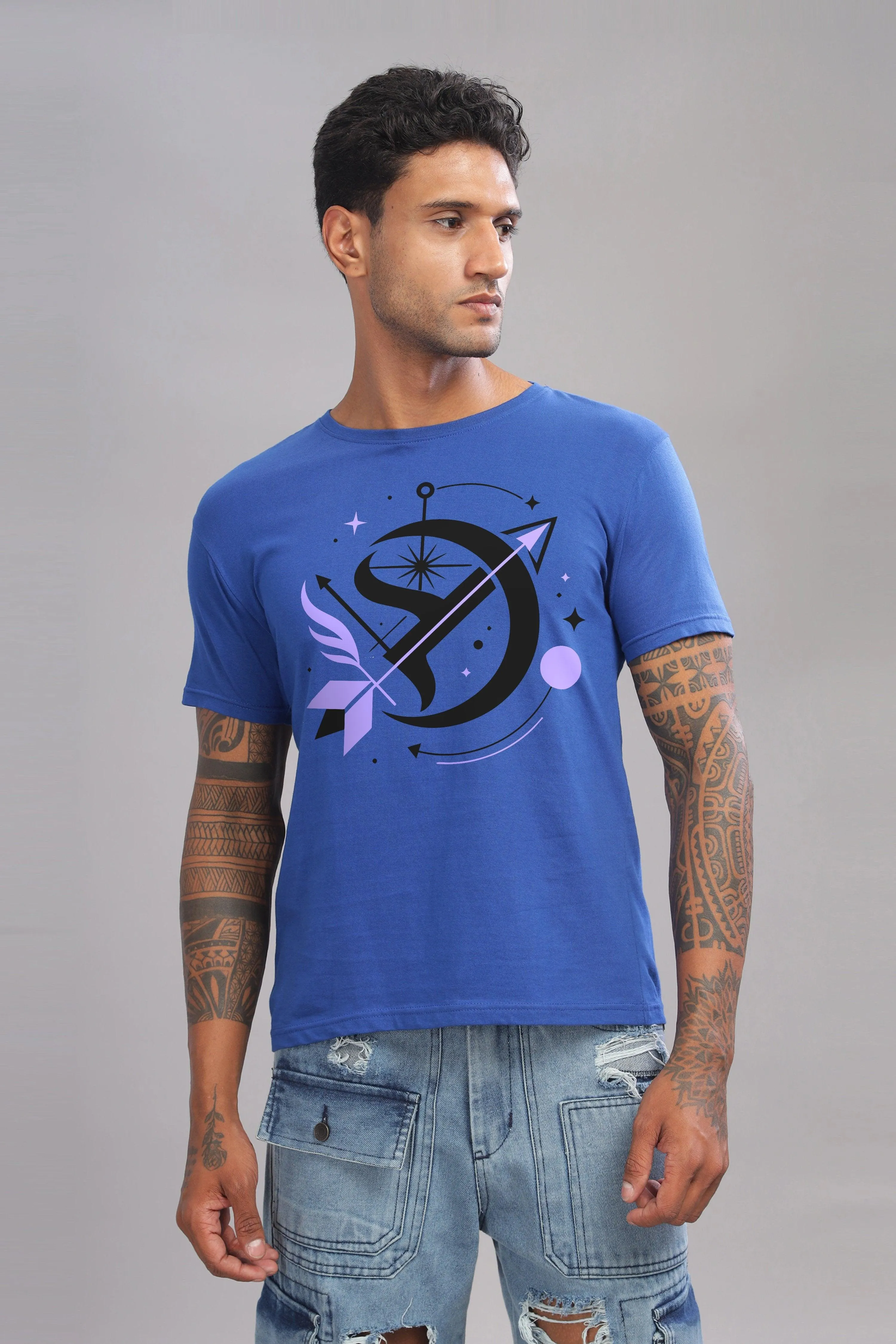 Starry Sagittarian Royal Blue Half Sleeve Printed Round Neck T-Shirt