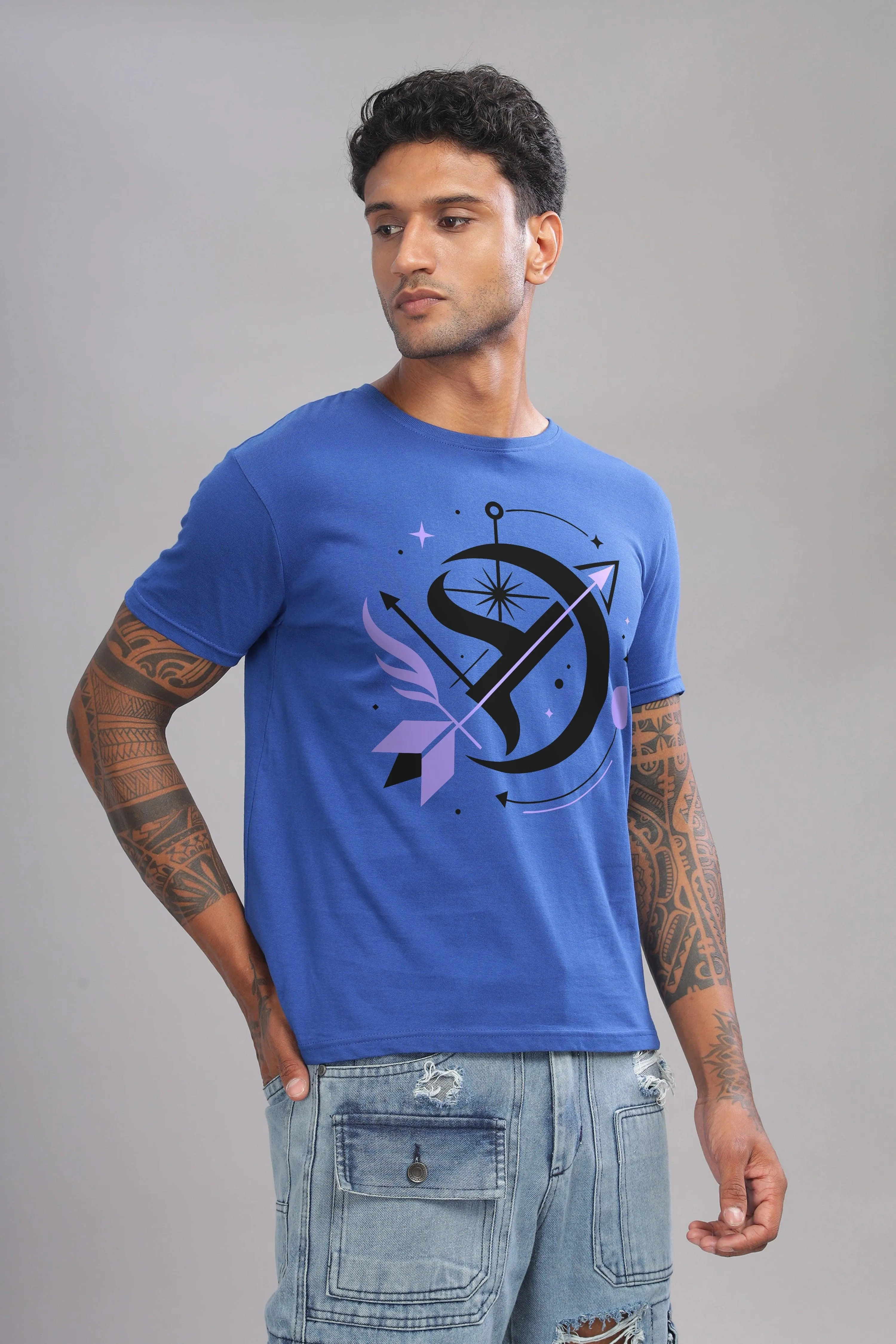 Starry Sagittarian Royal Blue Half Sleeve Printed Round Neck T-Shirt