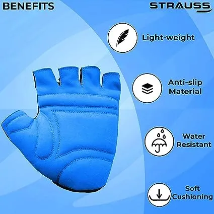 STRAUSS Suede Gym Gloves for Weightlifting, Cycling, Exercise & Gym | Full Palm Protection & Extra Durability with Suede Cushion Pads | Fingerless Gloves for Men and Women | Size: Large, (Blue/Black)